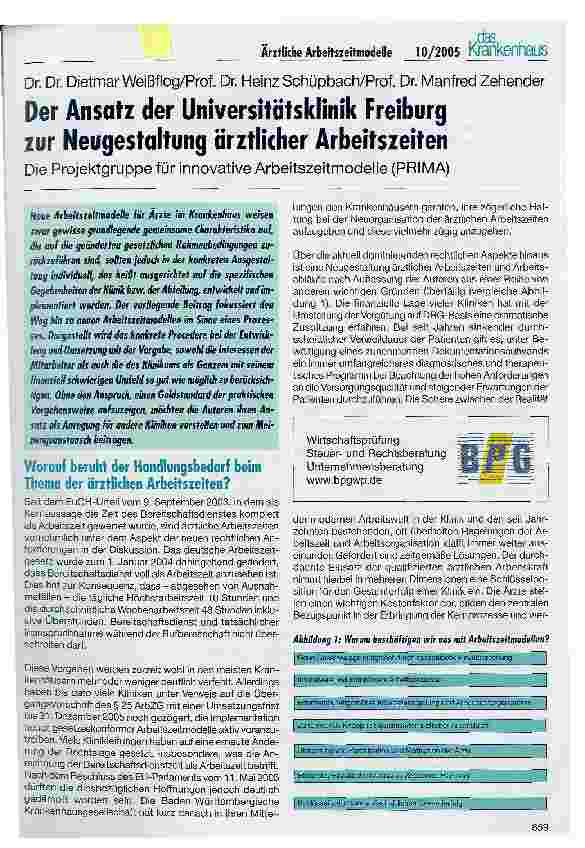 Vorschauseite 1: Der Ansatz der Universitätsklinik Freiburg zur Neugestaltung ärztlicher ArbeitszeitenDie Projektgruppe für innovative Arbeitszeitmodelle (PRIMA)