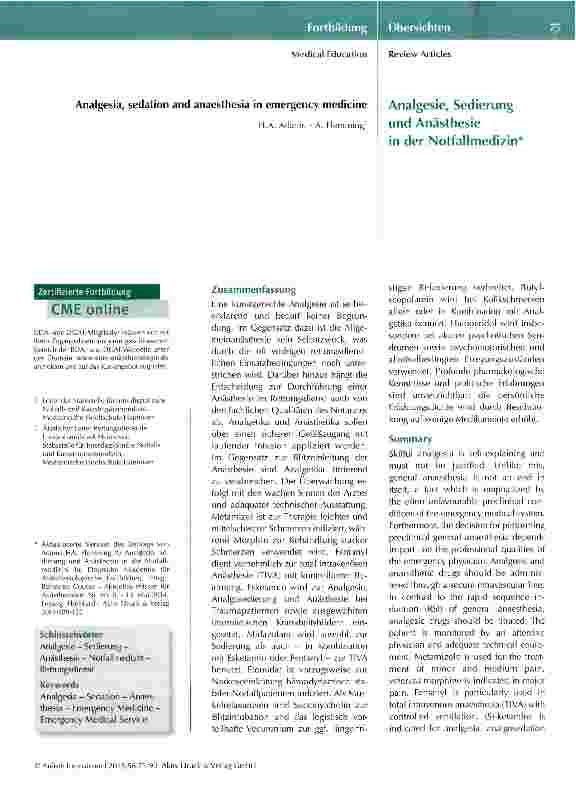 Vorschauseite 1: Analgesie, Sedierung und Anästhesie in der Notfallmedizin