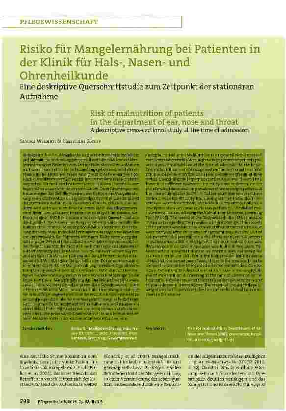 Vorschauseite 1: Risiko für Mangelernährung bei Patienten in der Klinik für Hals-, Nasenund Ohrenheilkunde