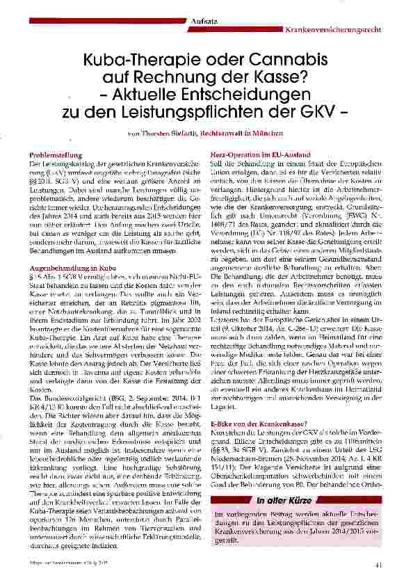 Vorschauseite 1: Kuba-Therapie oder Cannabis auf Rechnung der Kasse? - Aktuelle Entscheidungen zu den Leistungspflichten der GKV