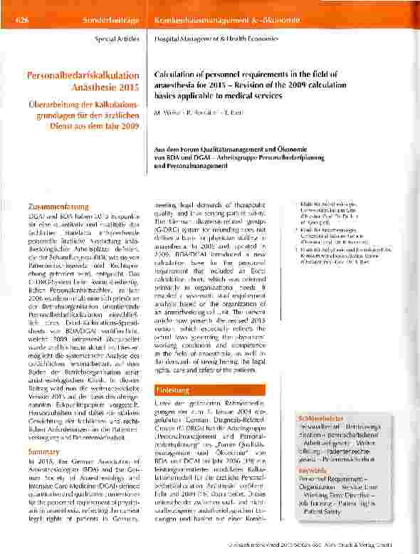 Vorschauseite 1: Personalbedarfskalkulation Anästhesie 2015