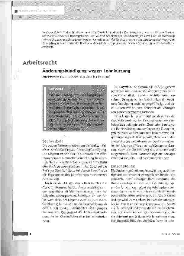 Vorschauseite 1: Arbeitsrecht - Änderungskündigung wegen Lohnkürzung