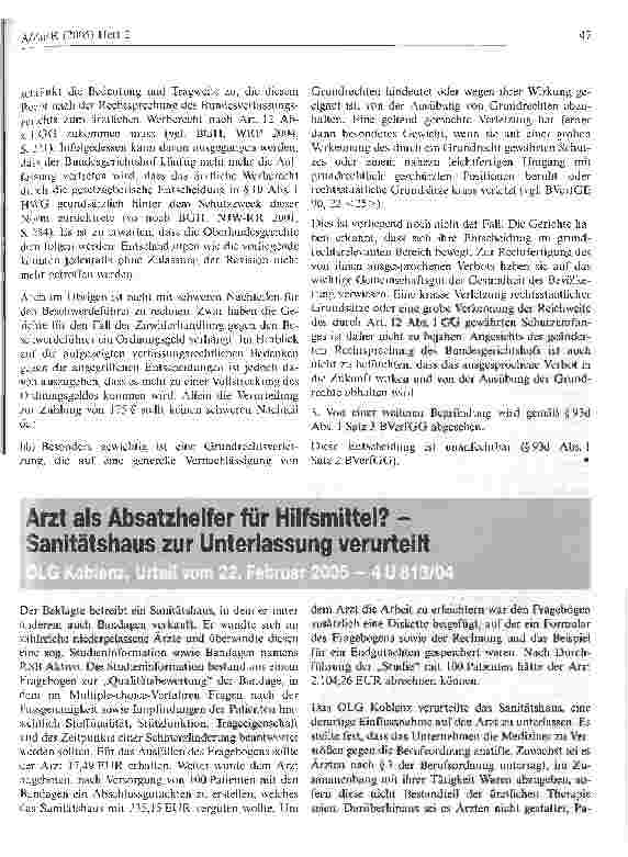 Vorschauseite 1: Arzt als Absatzhelfer für Hilfsmittel? -Sanitätshaus zur Unterlassung verurteilt