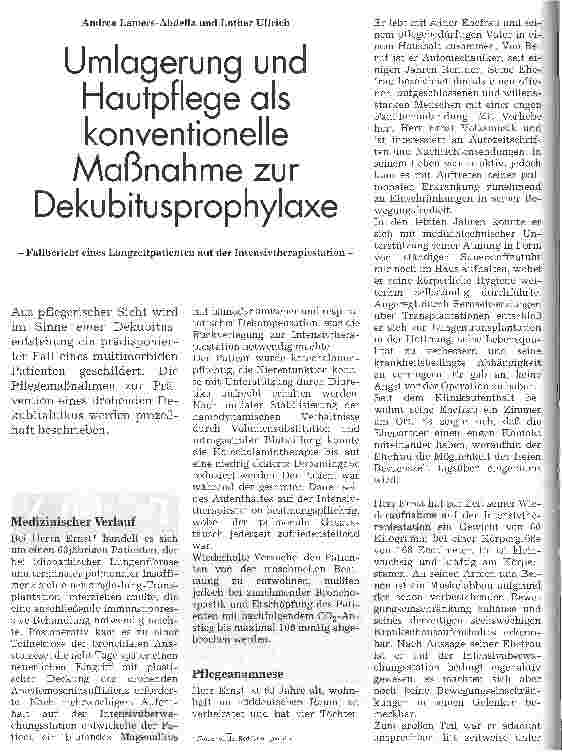 Vorschauseite 1: Umlagerung und Hautpflege als konventionelle Maßnahme zur Dekubitusprophylaxe - Fallbericht eines Langzeitpatienten auf der Intensivtherapiestation -