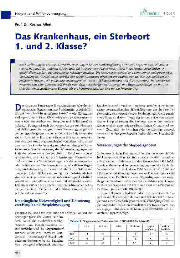Vorschauseite 1: Das Krankenhaus, ein Sterbeort 1. und 2. Klasse?