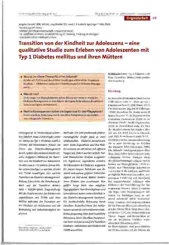Vorschauseite 1: Transition von der Kindheit zur Adoleszenz - eine qualitative Studie zum Erleben von Adoleszenten mit Typ 1 Diabetes mellitus und ihren Müttern