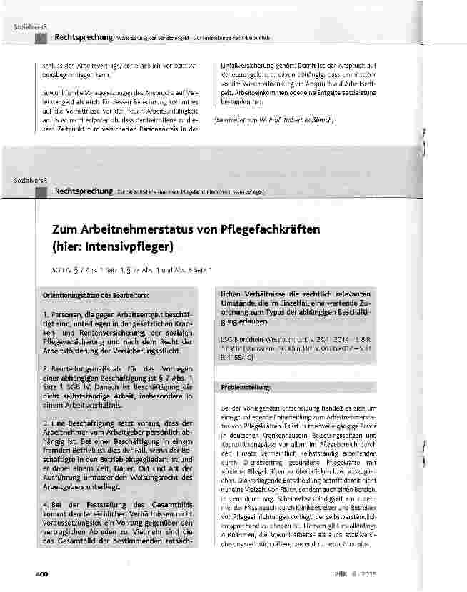 Vorschauseite 1: Zum Arbeitnehmerstatus von Pflegefachkräften (hier: Intensivpfleger) SGB IV § 7 Abs. 1 Satz 1, § 7a Abs. 1 und Abs. 6 Satz 1