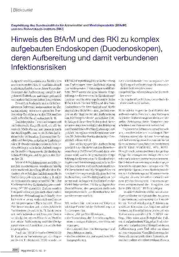 Vorschauseite 1: Hinweis des BfArM und des RKI zu komplex aufgebauten Endoskopen (Duodenoskopen), deren Aufbereitung und damit verbundenen Infektionsrisiken