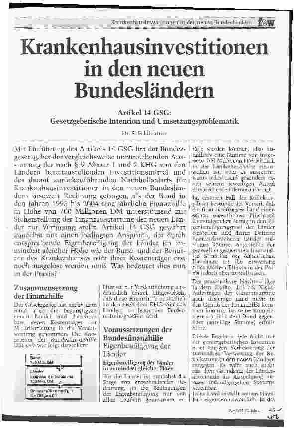 Vorschauseite 1: Krankenhausinvestitionen in den neuen Bundesländern Artikel 14 GSG: Gesetzgeberische Intention und Umsetzungsproblematik