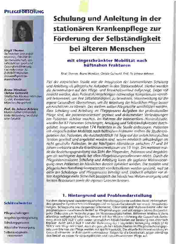 Vorschauseite 1: Schulung und Anleitung in der stationären Krankenpflege zurFörderung der Selbständigkeit bei älteren Menschen