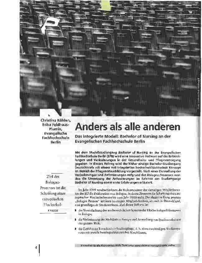 Vorschauseite 1: Anders als alle anderenDas integrierte Modell: Bachelor of Nursing an der Evangelischen Fachhochschule Berlin