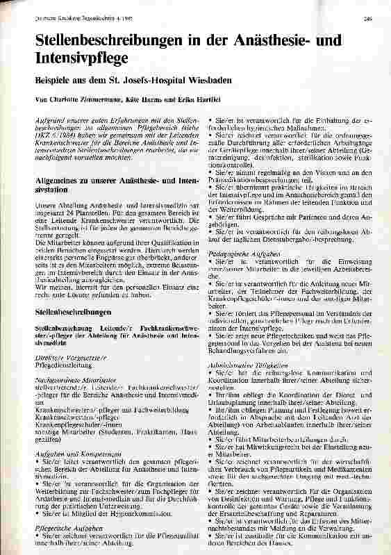 Vorschauseite 1: Stellenbeschreibung in der Anästhesie und Intensivpflege Beispiele aus dem St. Josefs-Hospital Wiesbaden