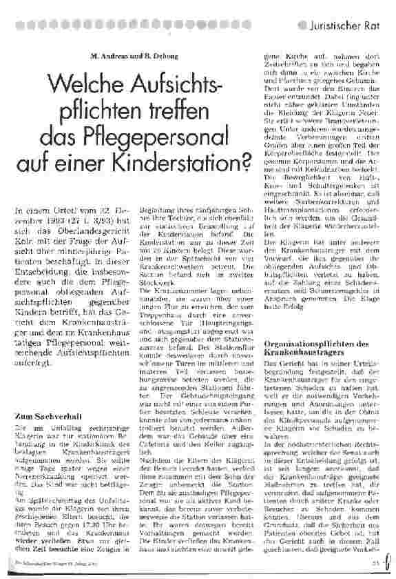 Vorschauseite 1: Welche Aufsichtspflichten treffen das Pflegepersonal auf einer Kinderstation?