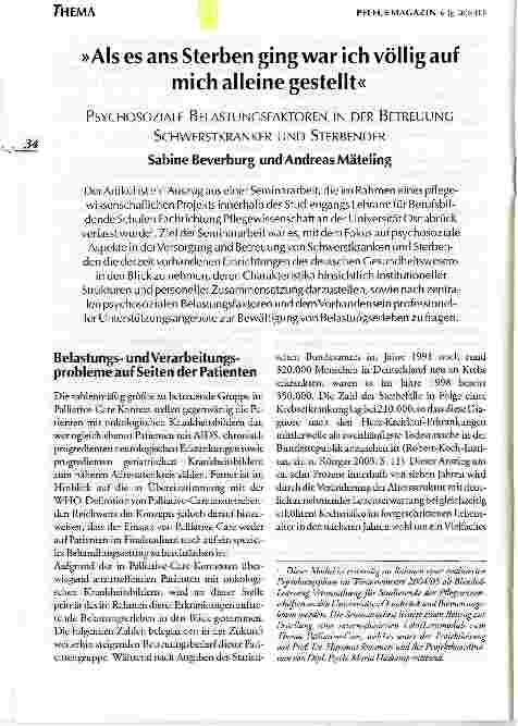 Vorschauseite 1: Als es ans Sterben ging war ich völlig auf mich alleine gestelltPSYCHOSOZIALE BELASTUNGSFAKTOREN IN DER BETREUUNG SCHWERSTKRANKER UND STERBENDER