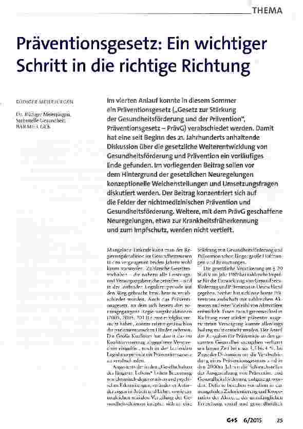 Vorschauseite 1: Präventionsgesetz: Ein wichtiger Schritt in die richtige Richtung