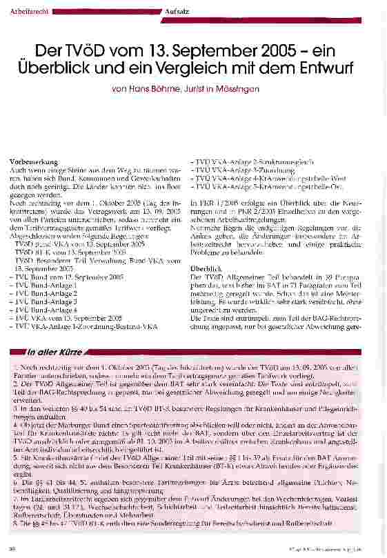 Vorschauseite 1: Der TVöD vom 13. September 2005 - ein Überblick und ein Vergleich mit dem Entwurf