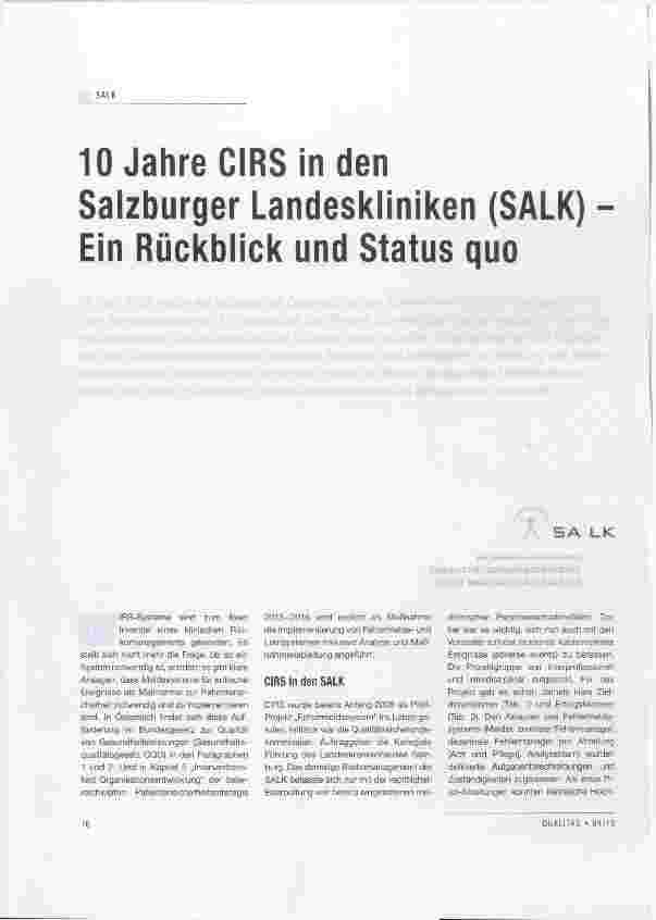 Vorschauseite 1: 10 Jahre CIRS in den Salzburger Landeskliniken (SALK) Ein Rückblick und Status quo