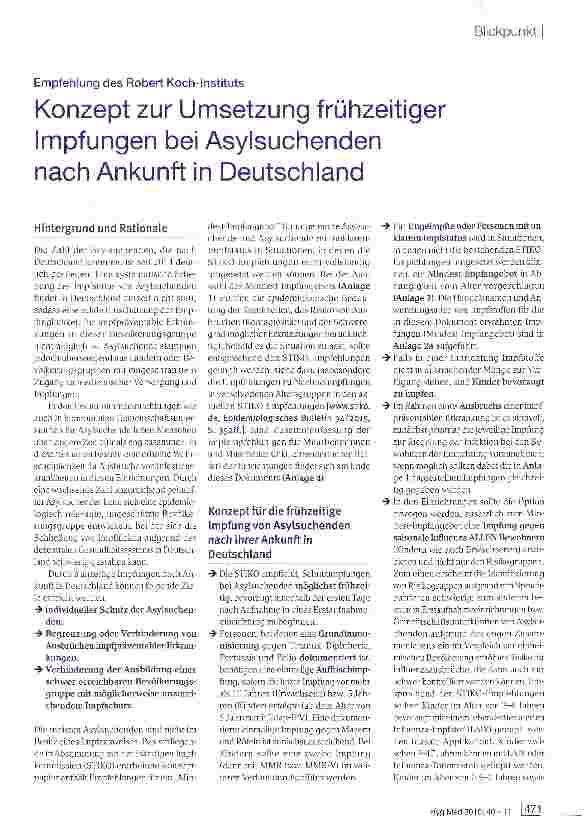 Vorschauseite 1: Konzept zur Umsetzung frühzeitiger Impfungen bei Asylsuchenden nach Ankunft in Deutschland