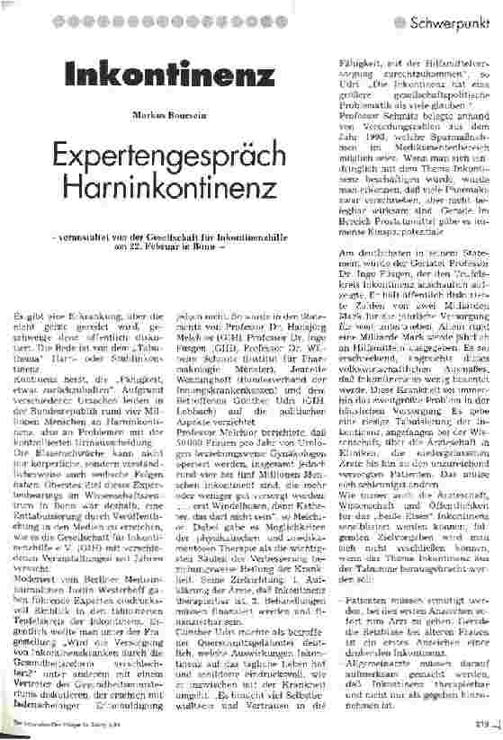Vorschauseite 1: Inkontinenz - Expertengespräch Harninkontinenz veranstaltet von der Gesellschaft für Inkontinenzhilfe am 22. Februar 1995 in Köln