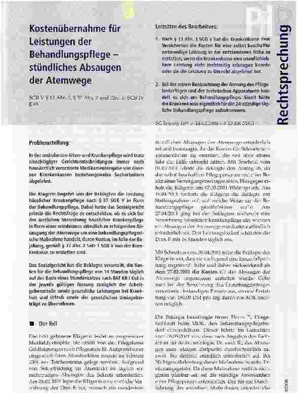 Vorschauseite 1: Kostenübernahme für Leistungen der Behandlungspflege - stündliches Absaugen der Atemwege