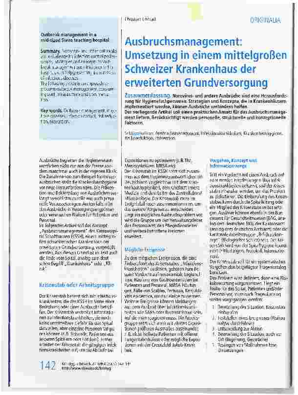 Vorschauseite 1: Ausbruchsmanagement: Umsetzung in einem mittelgroßen Schweizer Krankenhaus der erweiterten Grundversorgung