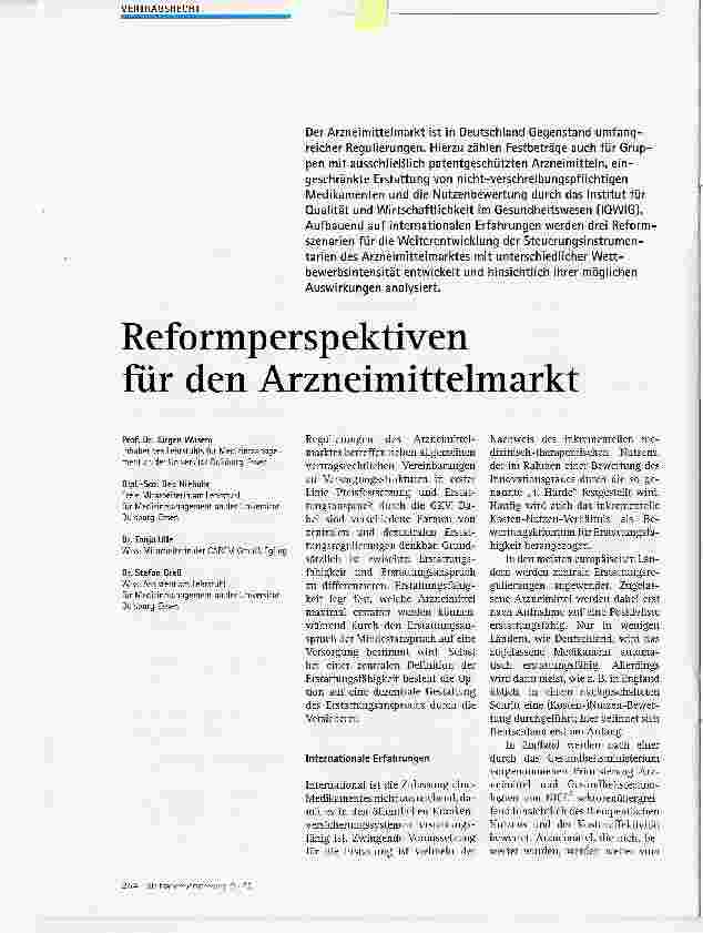 Vorschauseite 1: Reformperspektiven für den Arzneimittelmarkt