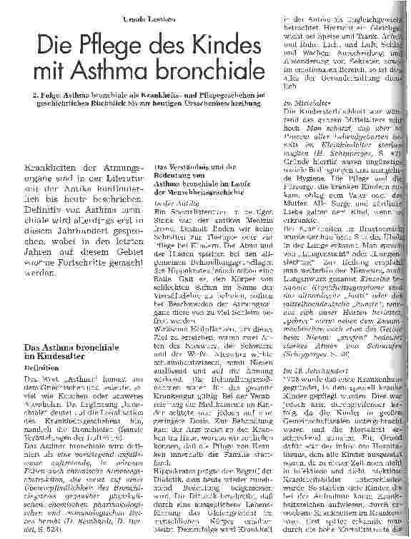Vorschauseite 1: Die Pflege des Kindes mit Asthma bronchiale 2. Folge: Asthma bronchiale als Krankheitsund Pflegegeschehen im geschichtlichen Rückblick bis zur heutigen Ursachenbeschreibung