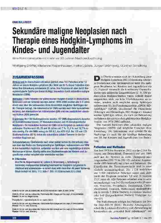 Vorschauseite 1: Sekundäre maligne Neoplasien nach Therapie eines Hodgkin-Lymphoms im Kindesund Jugendalter