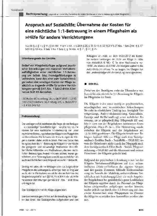 Vorschauseite 1: Anspruch auf Sozialhilfe; Übernahme der Kosten für eine nächtliche 1:1-Betreuung in einem Pflegeheim als »Hilfe für andere Verrichtungen«