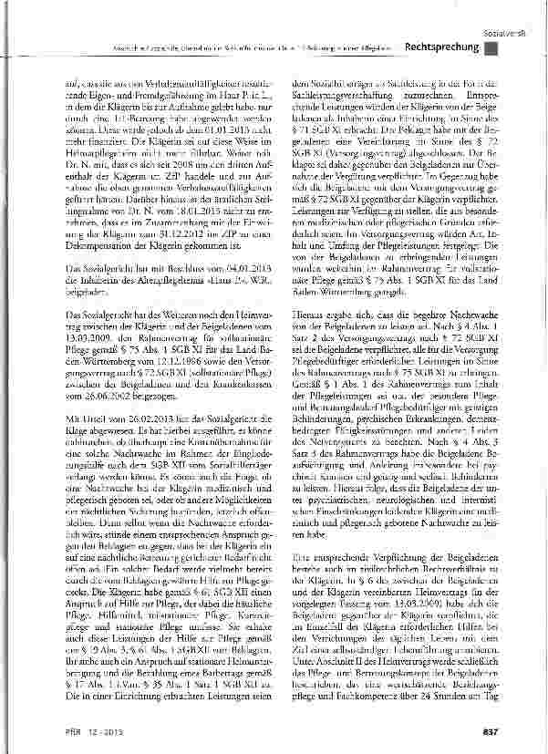 Vorschauseite 3: Anspruch auf Sozialhilfe; Übernahme der Kosten für eine nächtliche 1:1-Betreuung in einem Pflegeheim als »Hilfe für andere Verrichtungen«