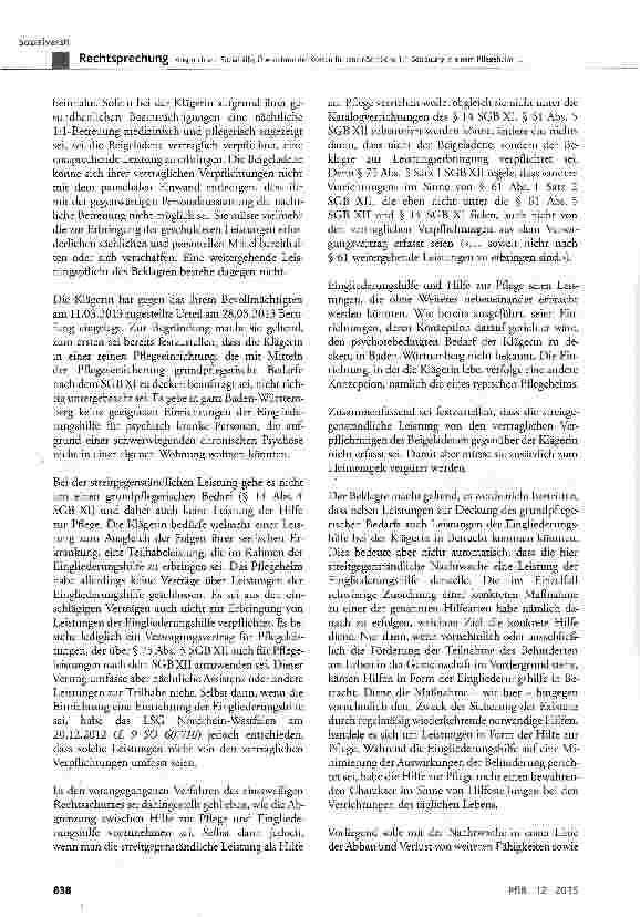 Vorschauseite 4: Anspruch auf Sozialhilfe; Übernahme der Kosten für eine nächtliche 1:1-Betreuung in einem Pflegeheim als »Hilfe für andere Verrichtungen«