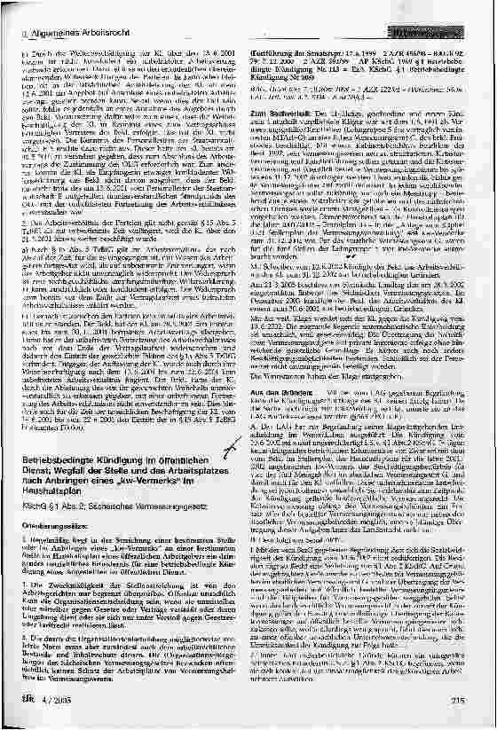 Vorschauseite 1: Betriebsbedingte Kündigung im öffentlichen Dienst; Wegfall der Stelle und des Arbeitsplatzes nach Anbringen eines kw-Vermerks im Haushaltsplan