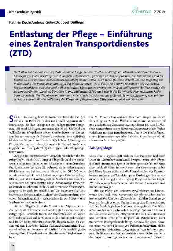 Vorschauseite 1: Entlastung der Pflege - Einführung eines Zentralen Transportdienstes (ZTD)