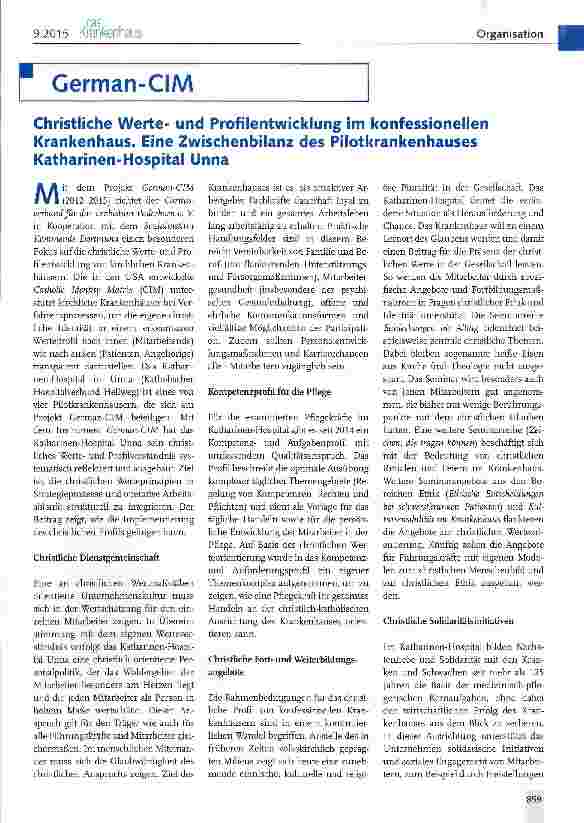 Vorschauseite 1: Christliche Werteund Profilentwicklung im konfessionellen Krankenhaus. Eine Zwischenbilanz des Pilotkrankenhauses Katharinen-Hospital Unna