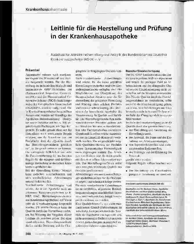 Vorschauseite 1: Leitlinie für die Herstellung und Prüfung in der Krankenhausapotheke