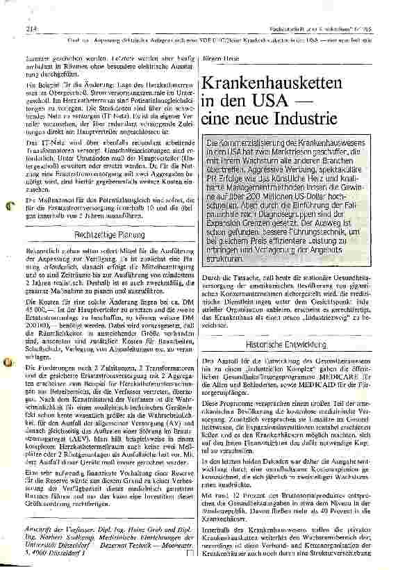 Vorschauseite 1: Krankenhausketten in den USA -- eine neue Industrie