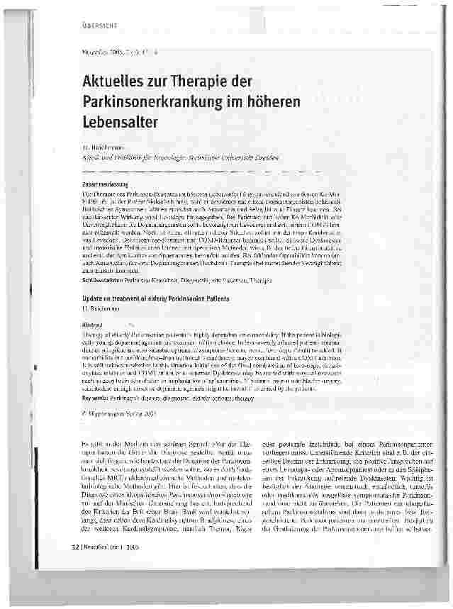 Vorschauseite 1: Aktuelles zur Therapie der Parkinsonerkrankung im höheren Lebensalter