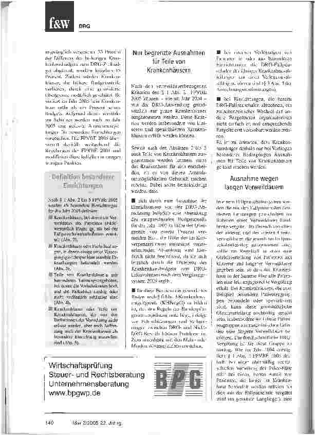 Vorschauseite 2: FPVBE 2005. Referentenentwurf vorgelegtBestimmung der besonderen Einrichtungen, die im Jahr 2005 von der DRC-Abrechnung ausgenommen werden können