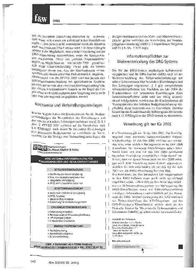Vorschauseite 4: FPVBE 2005. Referentenentwurf vorgelegtBestimmung der besonderen Einrichtungen, die im Jahr 2005 von der DRC-Abrechnung ausgenommen werden können