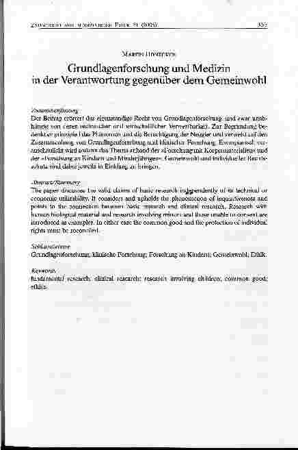 Vorschauseite 1: Grundlagenforschung und Medizin in der Verantwortung gegenüber dem Gemeinwohl