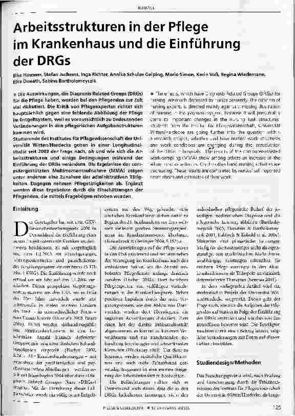 Vorschauseite 1: Arbeitsstrukturen in der Pflegeim Krankenhaus und die Einführungder DRGs
