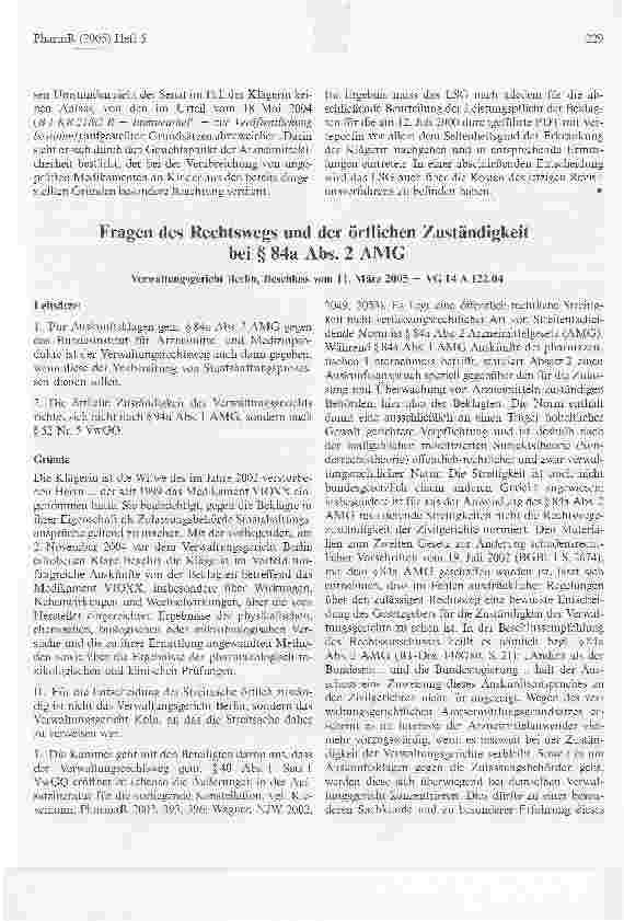 Vorschauseite 1: Fragen des Rechtswegs und der örtlichen Zuständigkeitbei § 84a Abs. 2 AMGVerwaltungsgericht Berlin, Beschluss vom 11. März 2005 - VG 14 A 122.04