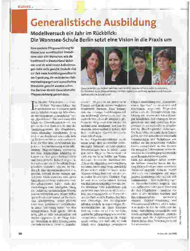 Vorschauseite 1: Generalistische AusbildungModellversuch ein Jahr im Rückblick:Die Wannsee-Schule Berlin setzt eine Vision in die Praxis um