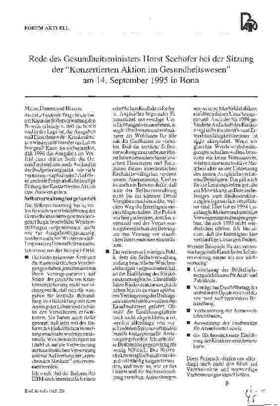Vorschauseite 1: Rede des Gesundheitsministers Horst Seehofer bei der Sitzung der Konzertierten Aktion im Gesundheitswesen am 14. September 1995 in Bonn