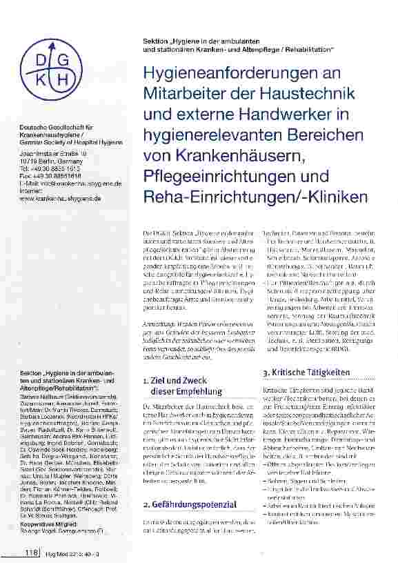 Vorschauseite 1: Hygieneanforderungen an Mitarbeiter der Haustechnik und externe Handwerker in hygienerelevanten Bereichen von Krankenhäusern, Pflegeeinrichtungen und Reha-Einrichtungen/-Kliniken