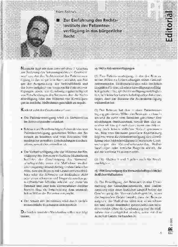 Vorschauseite 1: Zur Einführung des Rechtsinstituts der Patientenverfügung in das bürgerliche Recht