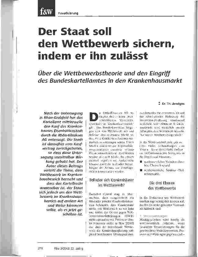 Vorschauseite 1: Der Staat soll den Wettbewerb sichern, indem er ihn zulässt Über die Wettbewerbstheorie und den Eingriff des Bundeskartellamtes in den Krankenhausmarkt