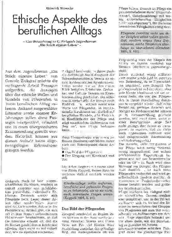 Vorschauseite 1: Ethische Aspekte des beruflichen Alltags Eine Betrachtung zu C. Zickgrafs Jugendroman Ein Stück eigenes Leben