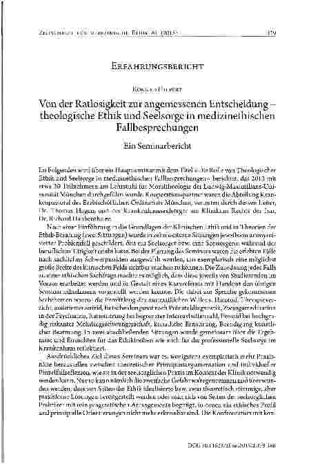 Vorschauseite 1: Von der Ratlosigkeit zur angemessenen Entscheidung -theologische Ethik und Seelsorge in medizinethischen Fallbesprechungen