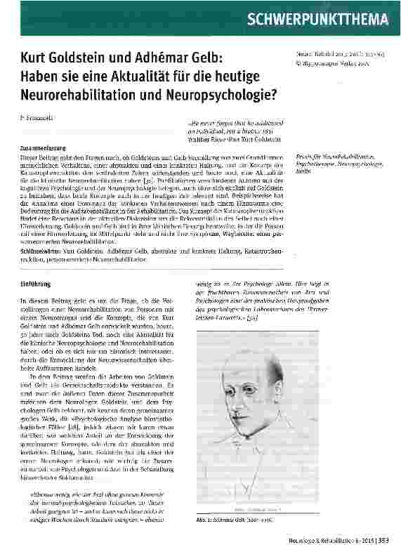 Vorschauseite 1: Kurt Goldstein und Adhemar Gelb: Haben sie eine Aktualität für die heutige Neurorehabilitation und Neuropsychologie?